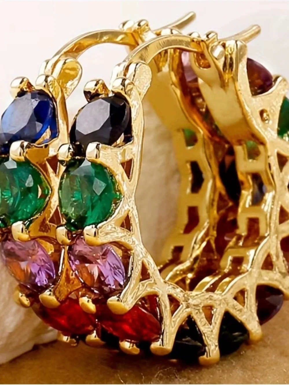 High Quality Gold-Tone Multi Gem Hoop Earrings - Colorful Crystal Accent